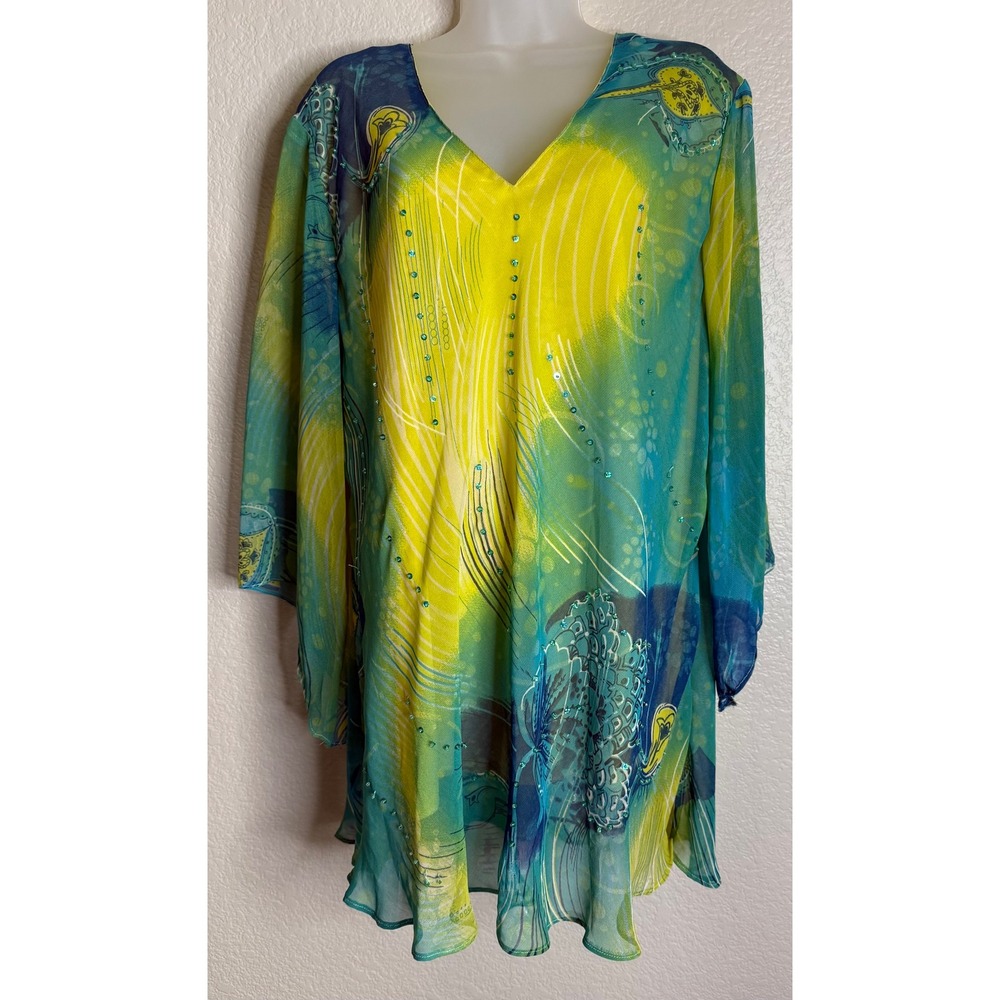 Signature JMB Womens 3X Tunic Top Green Yellow Abstract Mesh Sequin 3/4 Sleeve